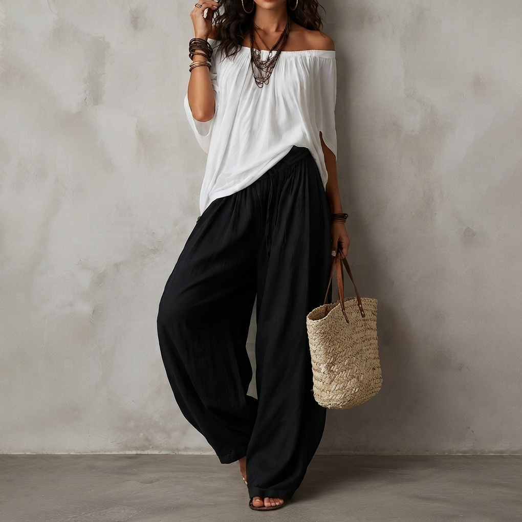 Retro Two-piece Set Wide-leg Pants + Off-the-shoulder Top