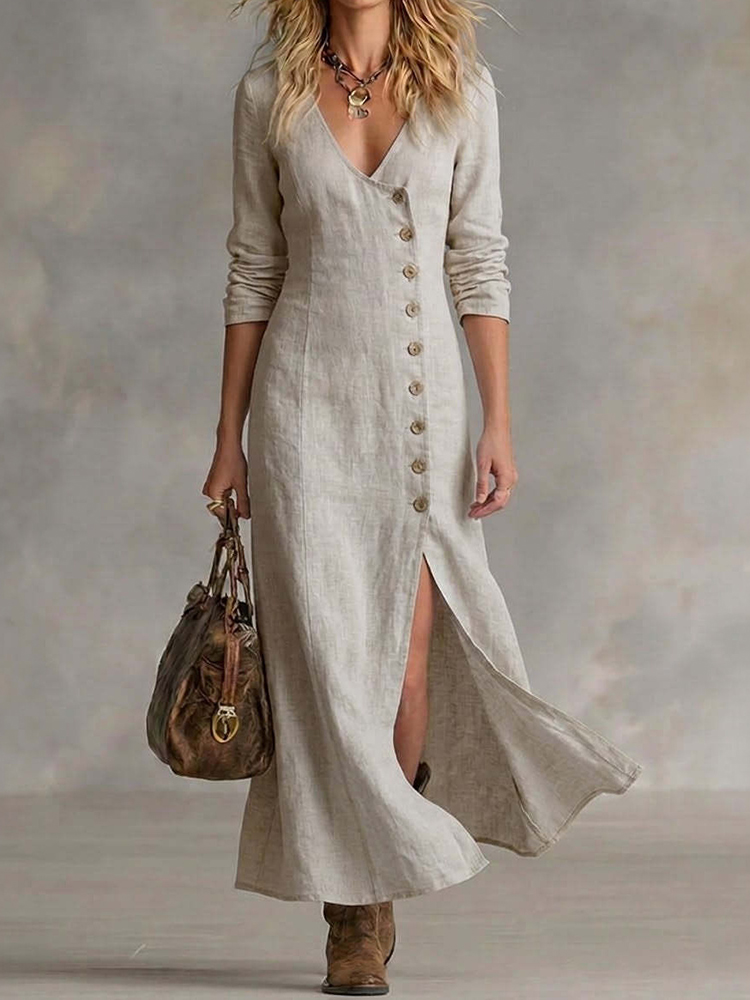 Casual Linen Long-sleeved Button Placket Dress