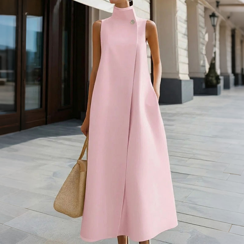 Elegant Stand Up Collar Sleeveless Midi Dress