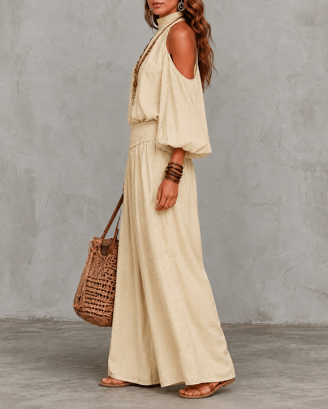 Elegance Long-sleeved Openwork Top And Gathered Trousers Two-piece Set