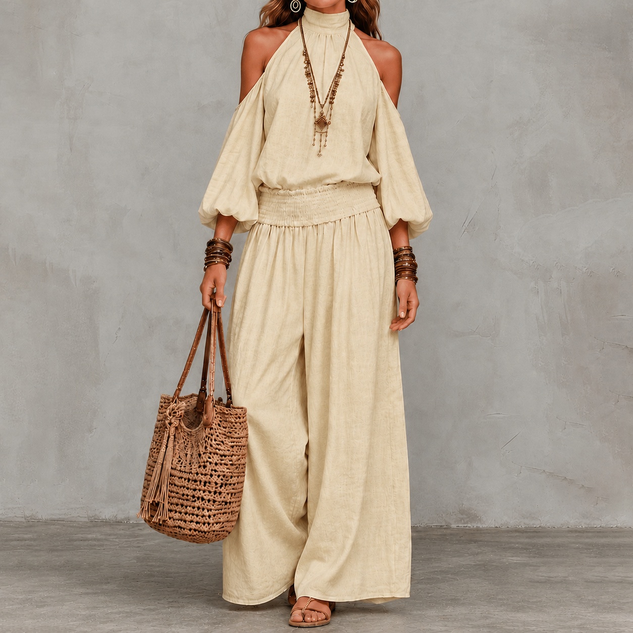Elegance Long-sleeved Openwork Top And Gathered Trousers Two-piece Set