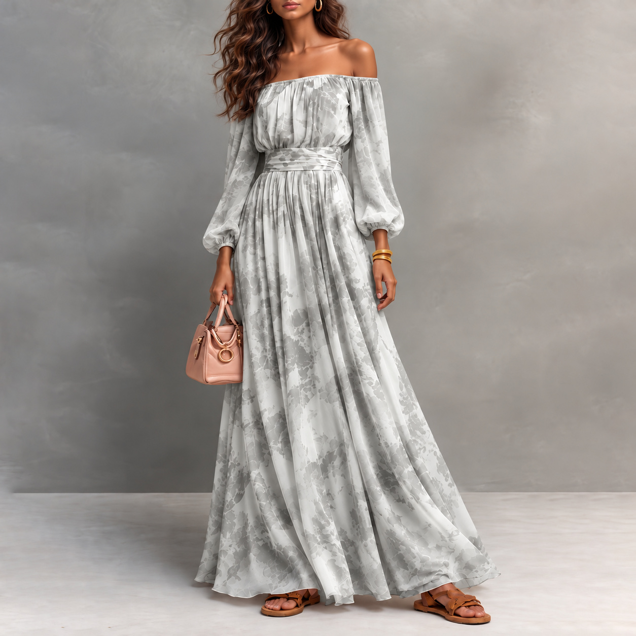 Elegant Off-the-shoulder Long-sleeve Printed Chiffon Top Maxi Dress