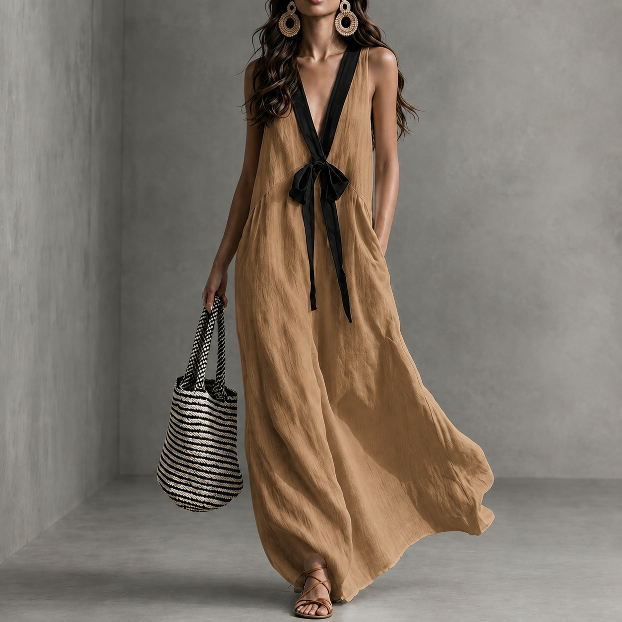 Elegant V-neck Halter Neck Sleeveless  Maxi Dress