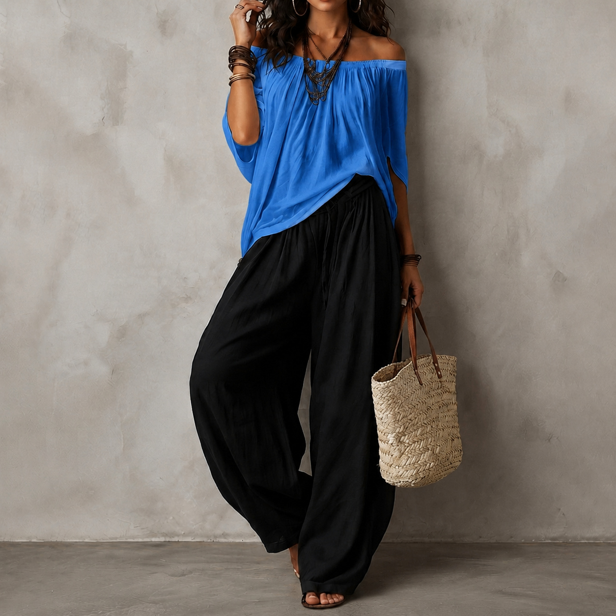 Retro Two-piece Set Wide-leg Pants + Off-the-shoulder Top
