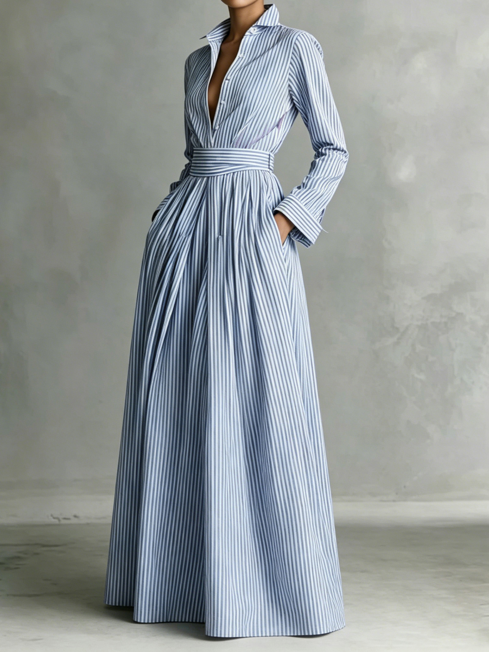 Elegant Striped Front-opening Long Shirt  Maxi Dress