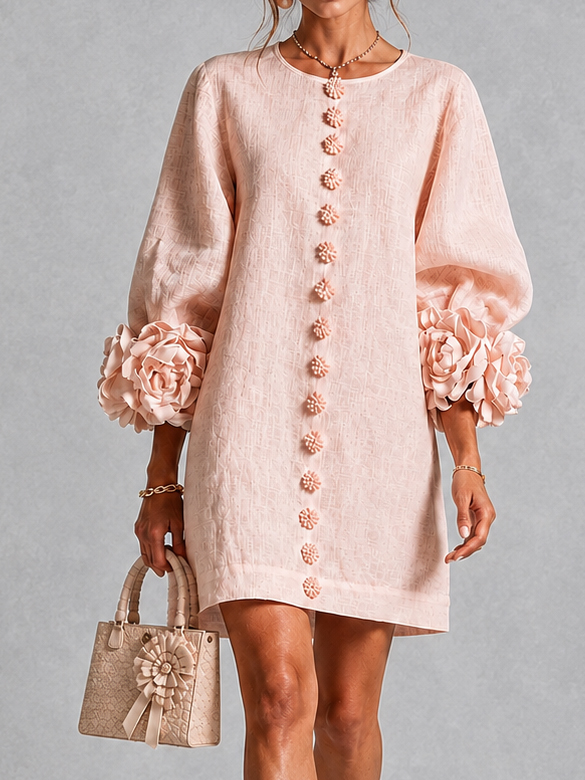 Elegant 3d Floral Lantern Sleeves Midi Dress