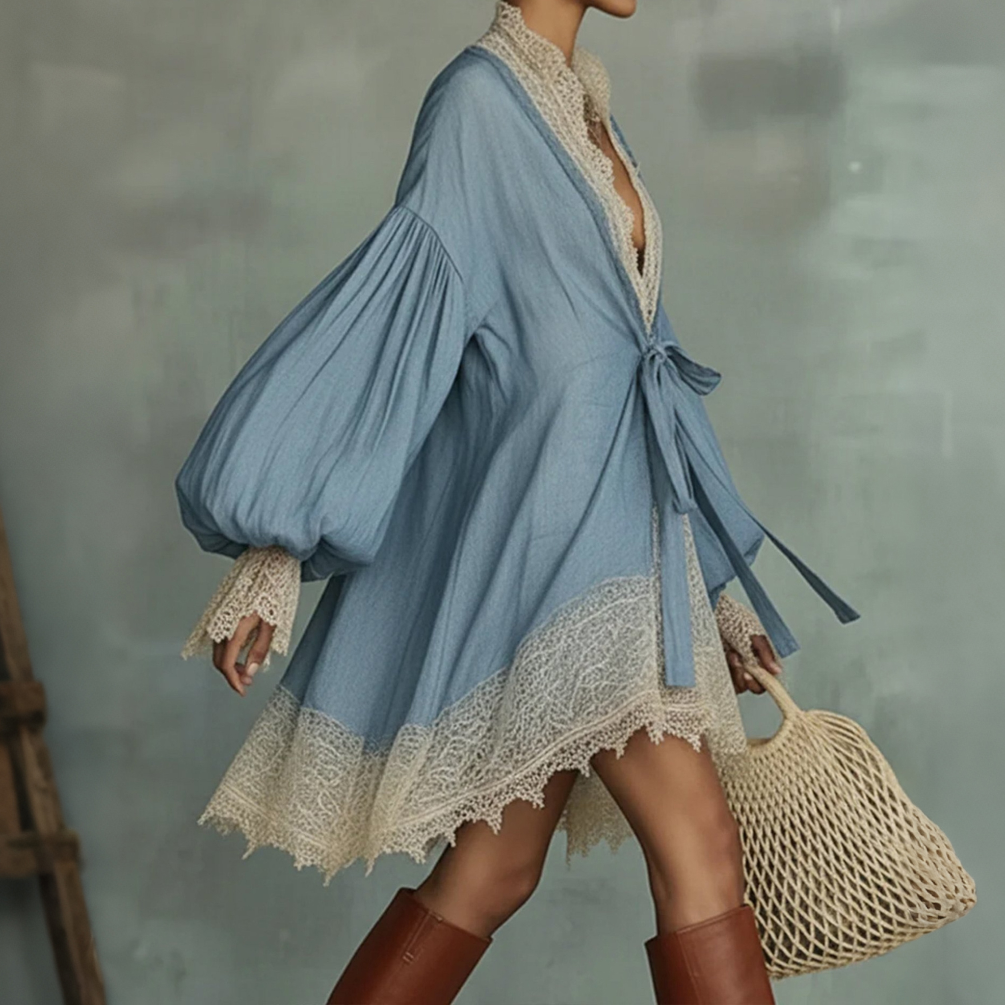 Vacation Color Block Balloon Sleeve Split Joint V Neck Mini Dress