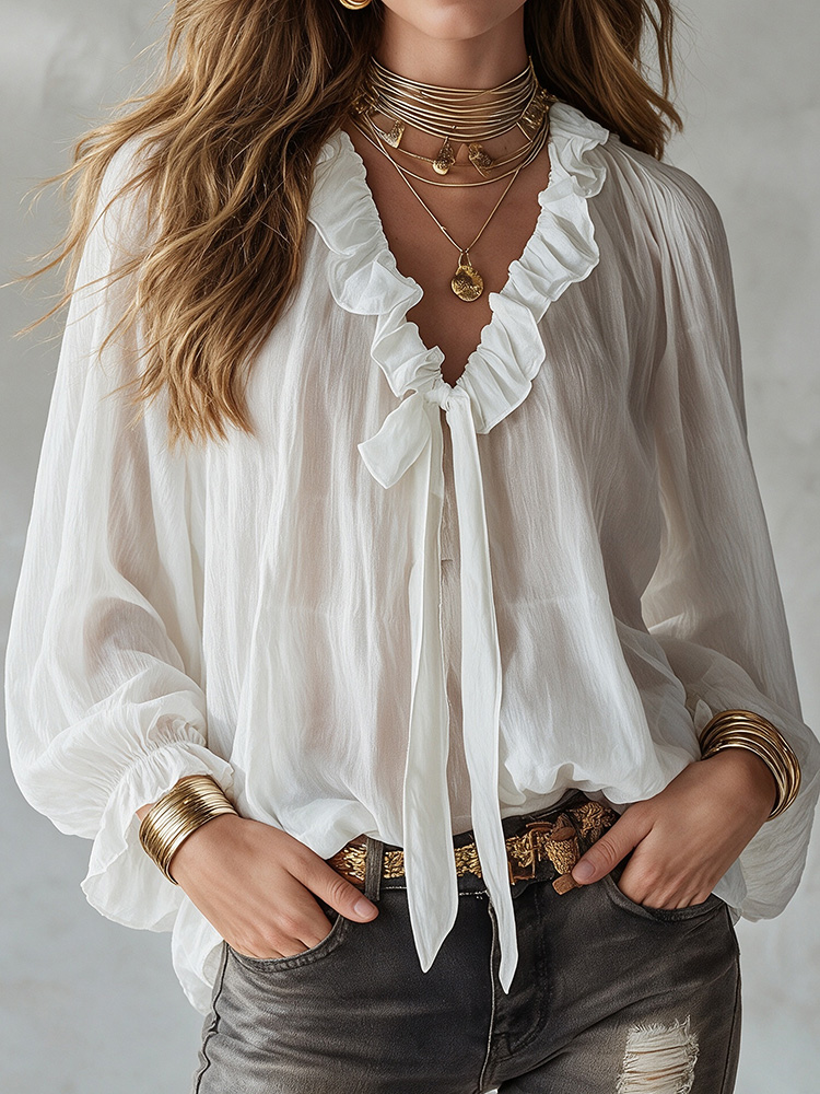 Elegant V-neck With Ruffled Tie Blouse