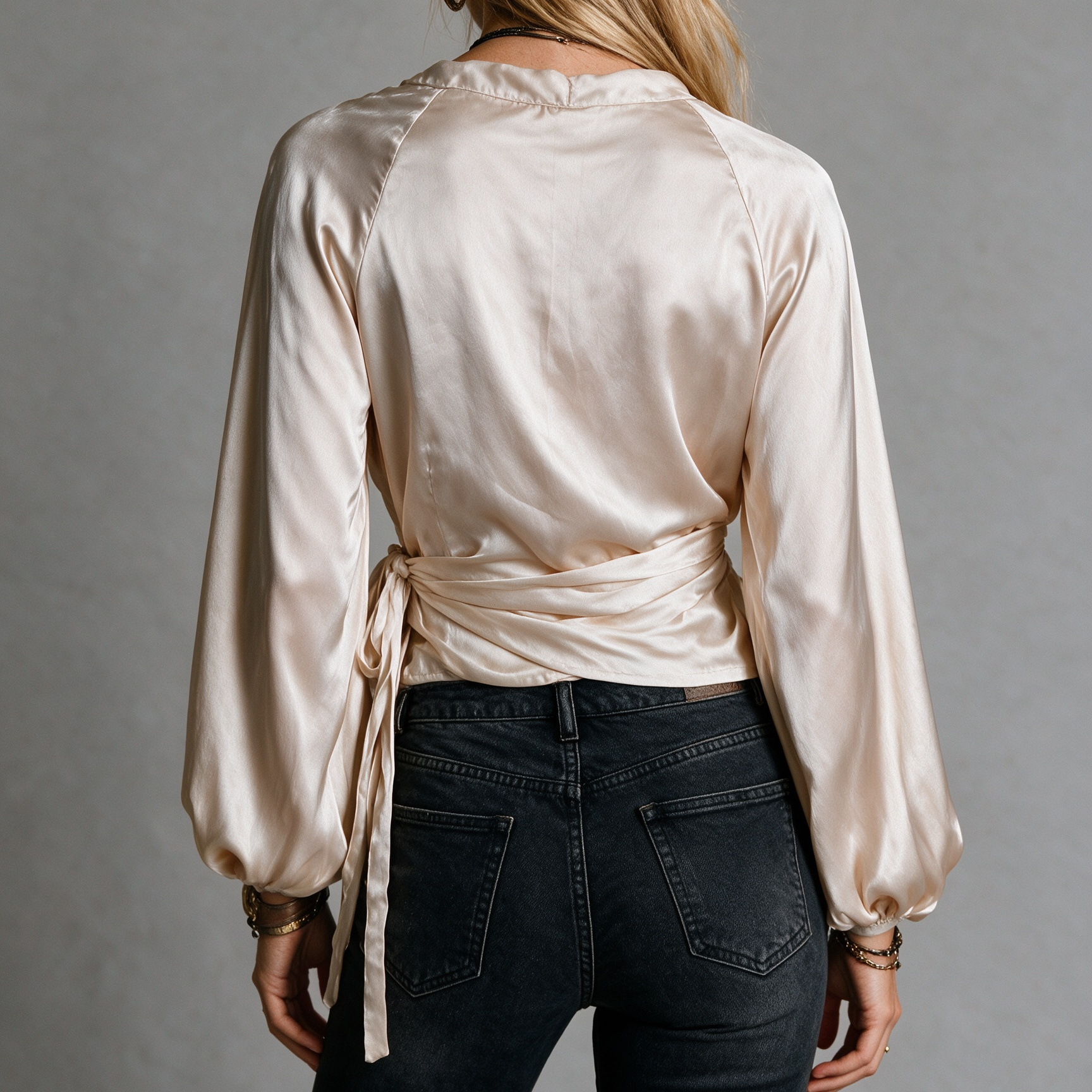 Elegant Soft Satin Wrap V-neck Tie Blouse