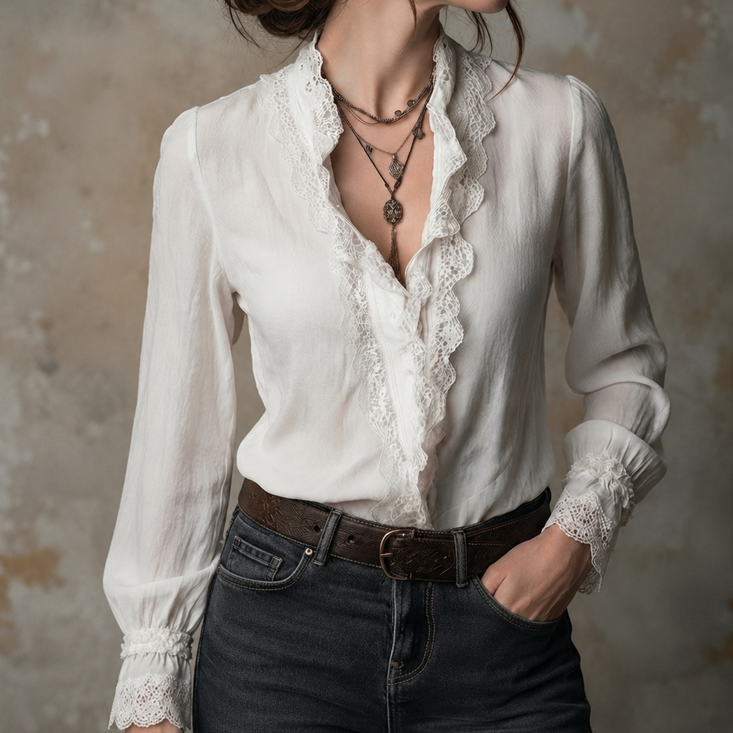 Elegant Lace-trimmed Thin Long-ssleeved Shirt