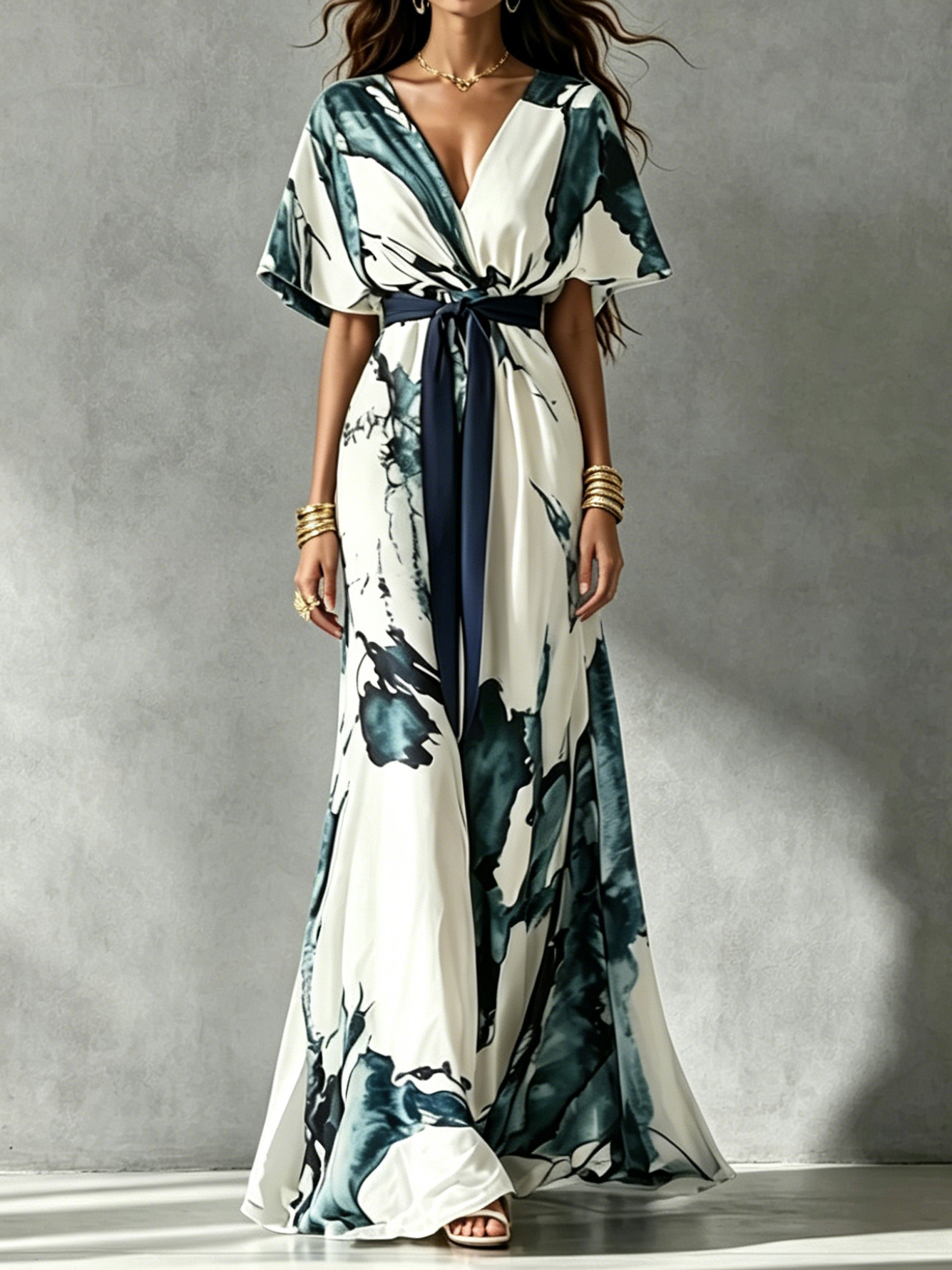 Elegant  V-neck Printed Maxi Dress