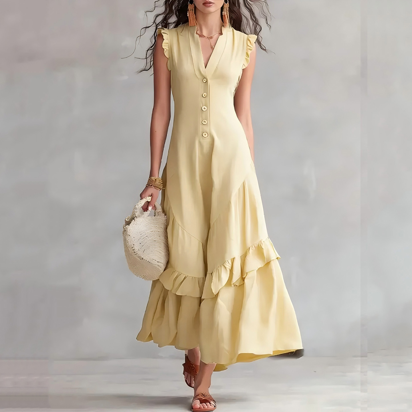 Elegant Minimalist Ruffled Sleeveless Linen Dress