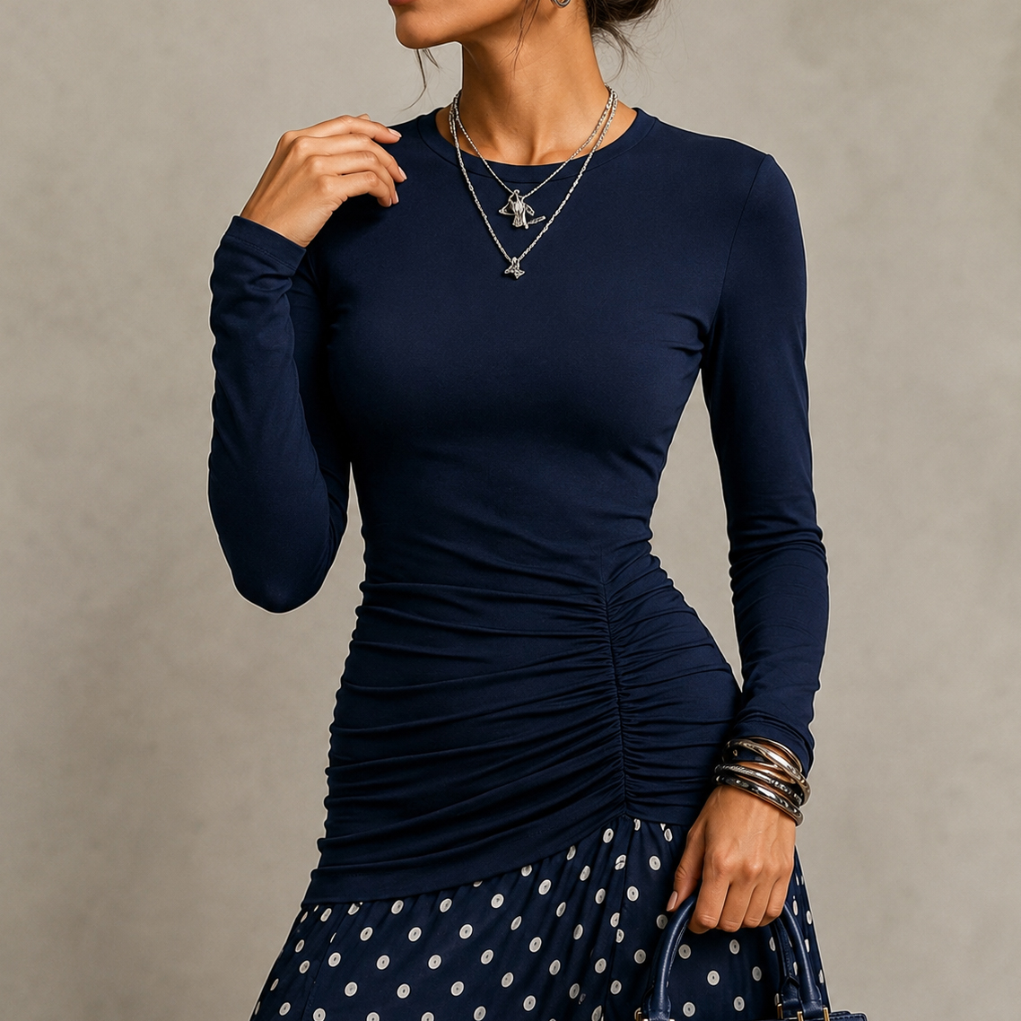Elegant Long Sleeve Polka Dot Slit Maxi Dress