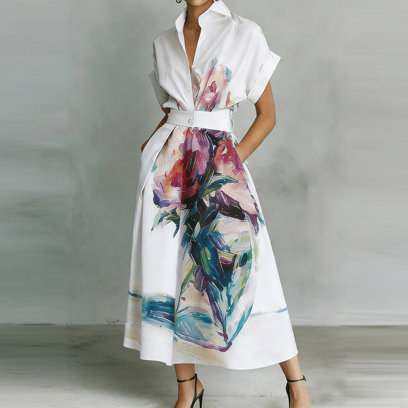 Urban Floral Printing Shirt Collar Midi Dress