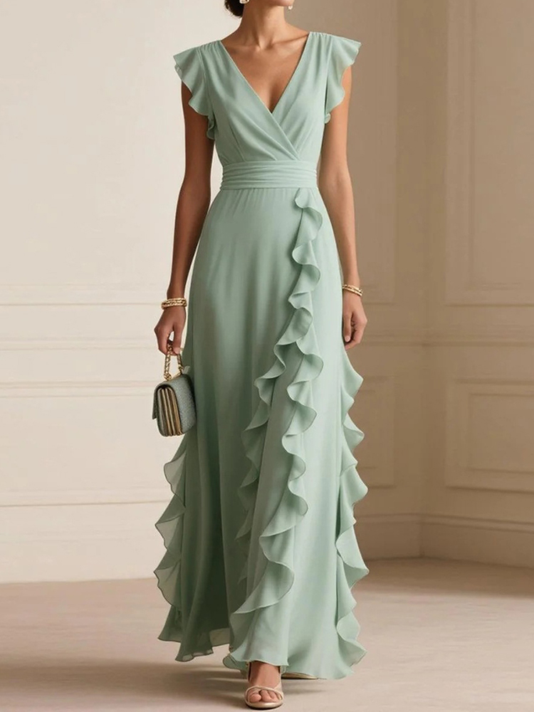 Solid Color Pleated Ruffles V-neck Maxi Dress