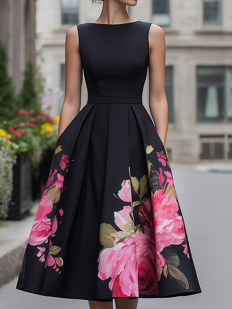 Elegant Sleeveless Floral Waist Pleated Midi Dress