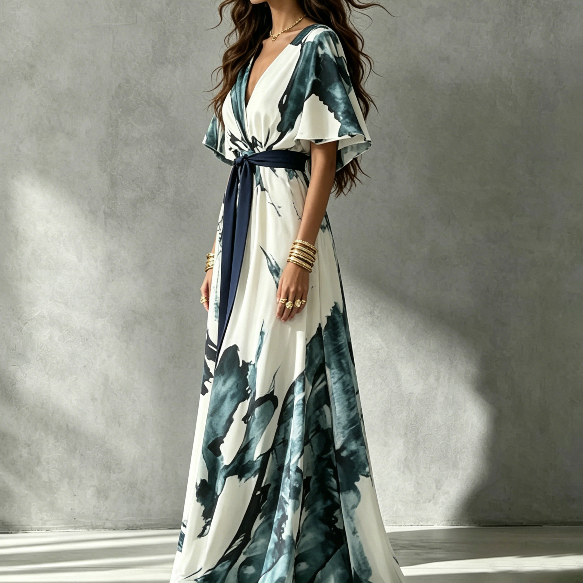 Elegant  V-neck Printed Maxi Dress
