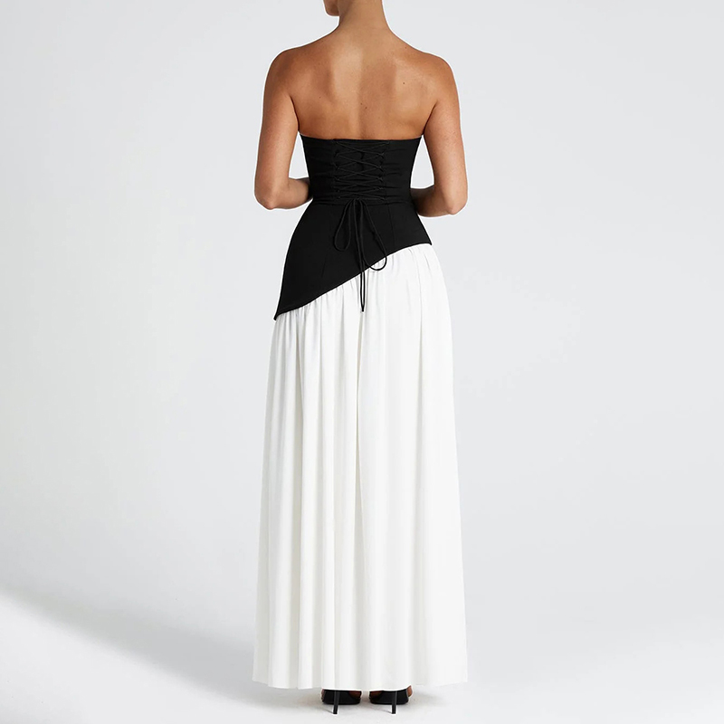 Elegant Backless High-slit Strapless Color-blocked Dress