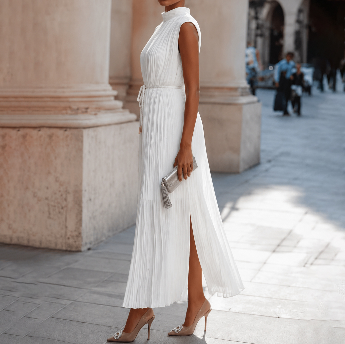Elegant High Collar With Gathered Details Maxi Dress