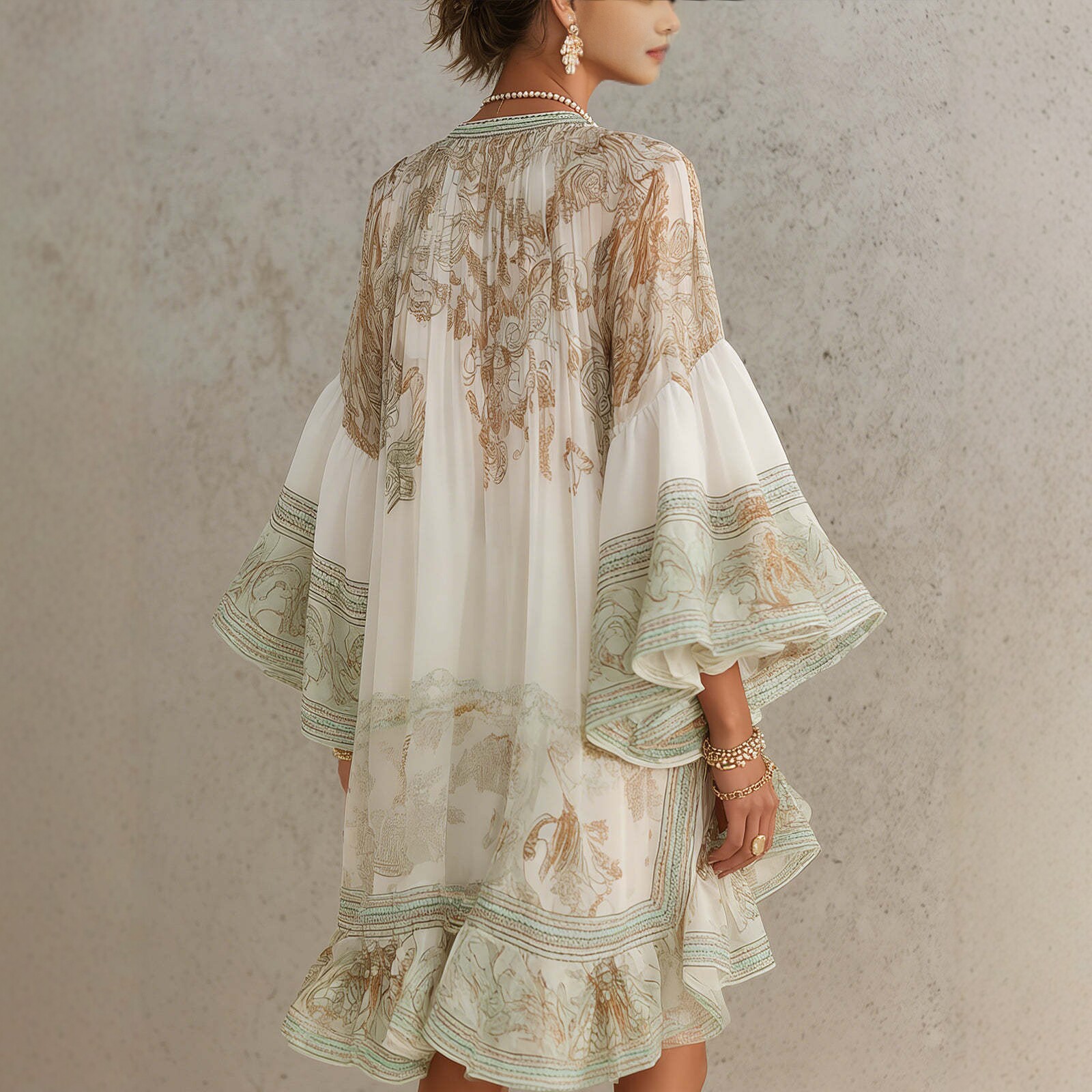 Hermokrates Bell Sleeve Print Ruffle Mini Dress