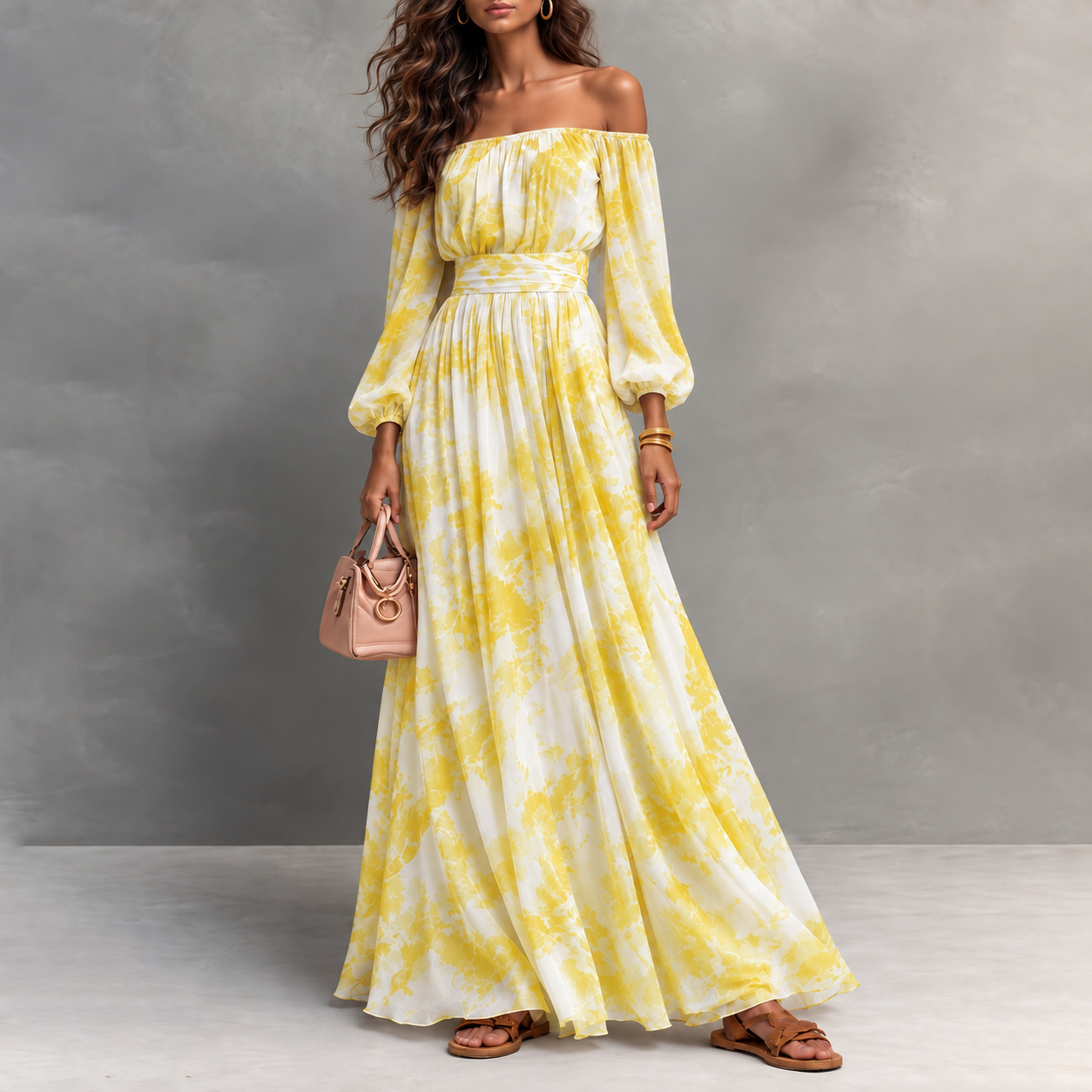Elegant Off-the-shoulder Long-sleeve Printed Chiffon Top Maxi Dress