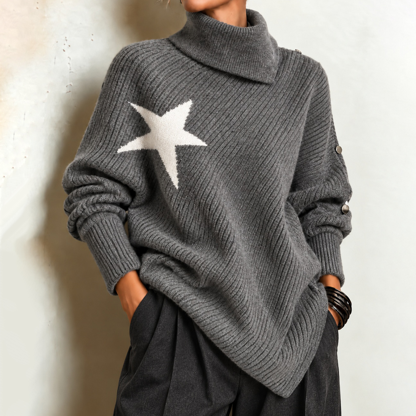 Women's Fall Winter Cozy Asymmetric Oversized High-neck Star Pattern Ribbed Pullover Sweater