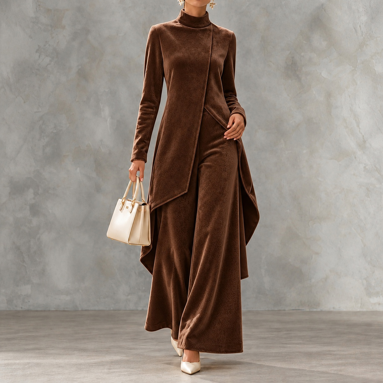 Velvet Asymmetric Long Sleeves And Stand Collar Two-piece Set