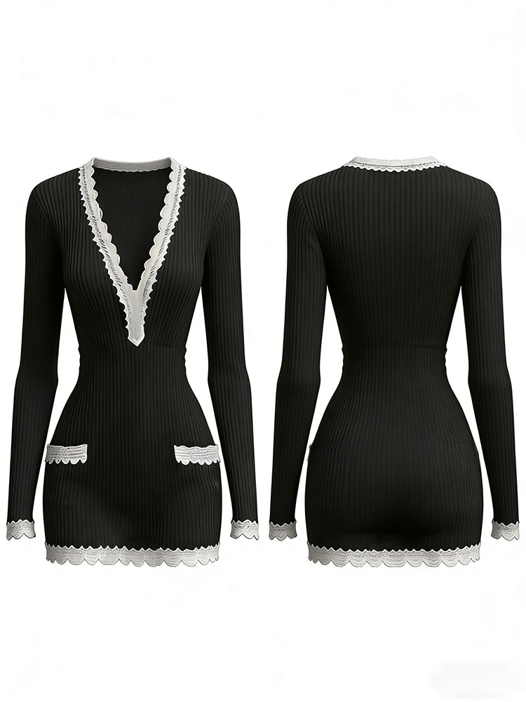 Elegant Temperament V-neck Fashion Lace Trim Fitted Long Sleeve Hip-hugging Dress