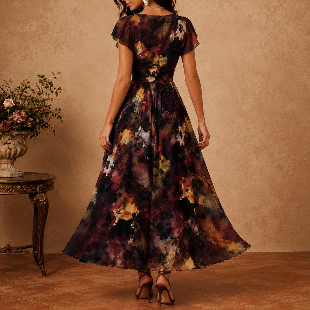 Retro Oil Painting Print V-neck Short-sleeved Chiffon Maxi Dress