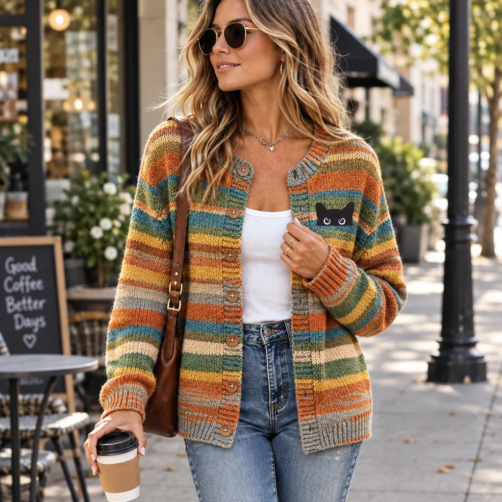 Women's Cute Black Cat Patch Colorful Stripe Relaxed Fit Button Front Knit Cardigan Sweater