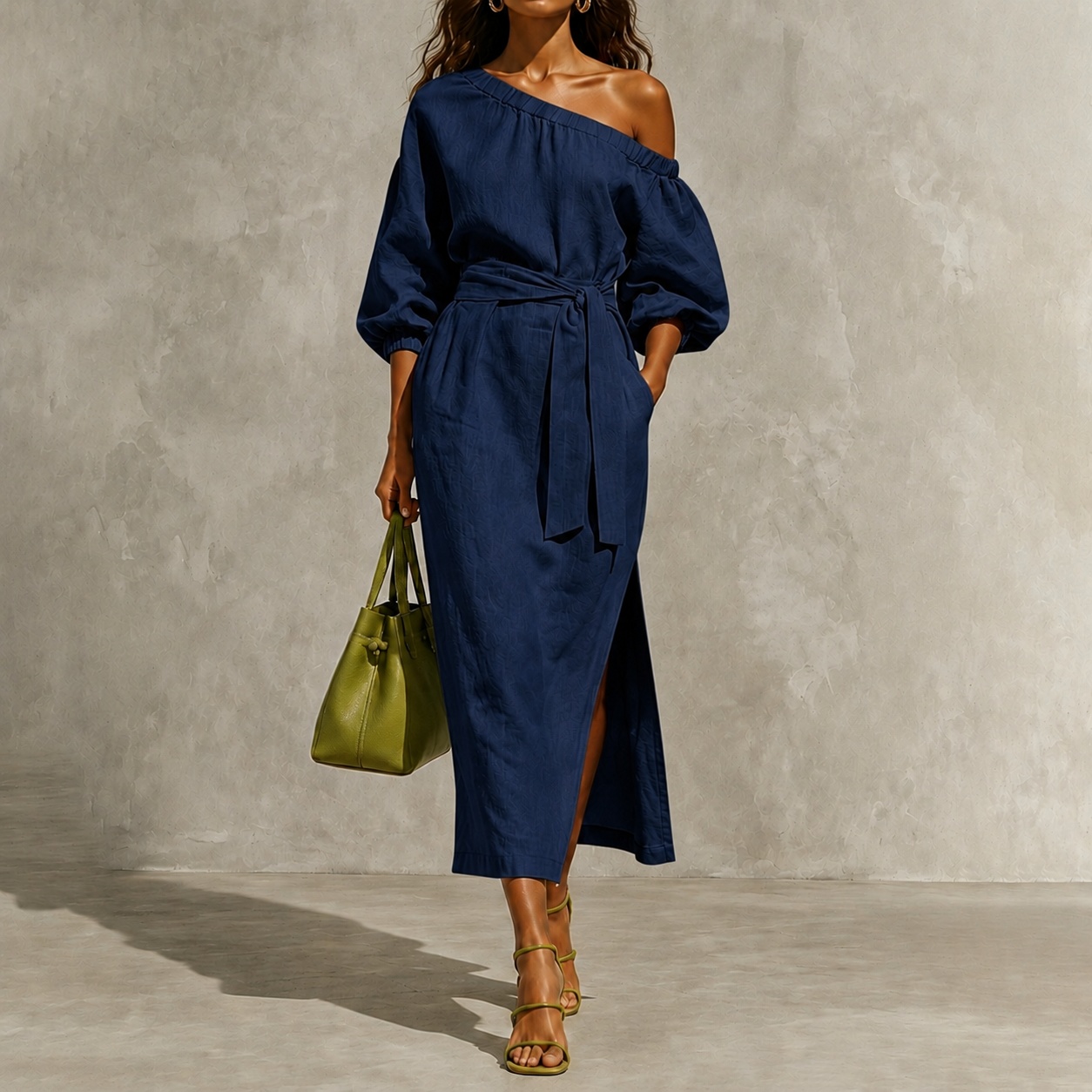 Elegant One-shoulder Long Sleeves With Tie Maxi Dress
