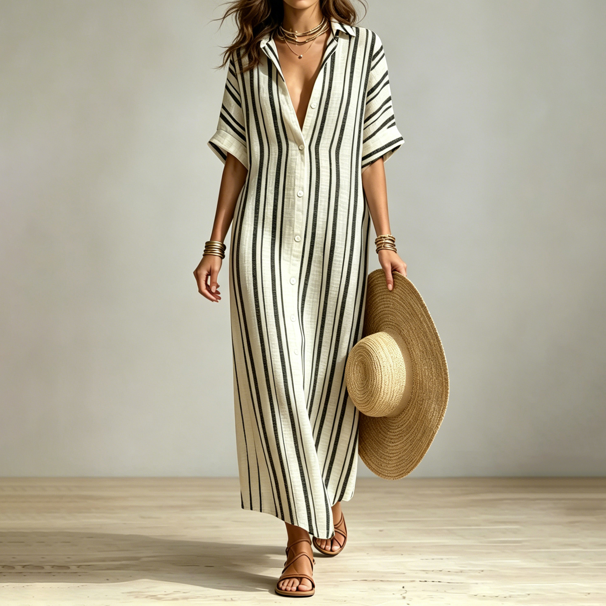 Vacation V-neck Striped Design Solid Color Loose Fit Maxi Dress
