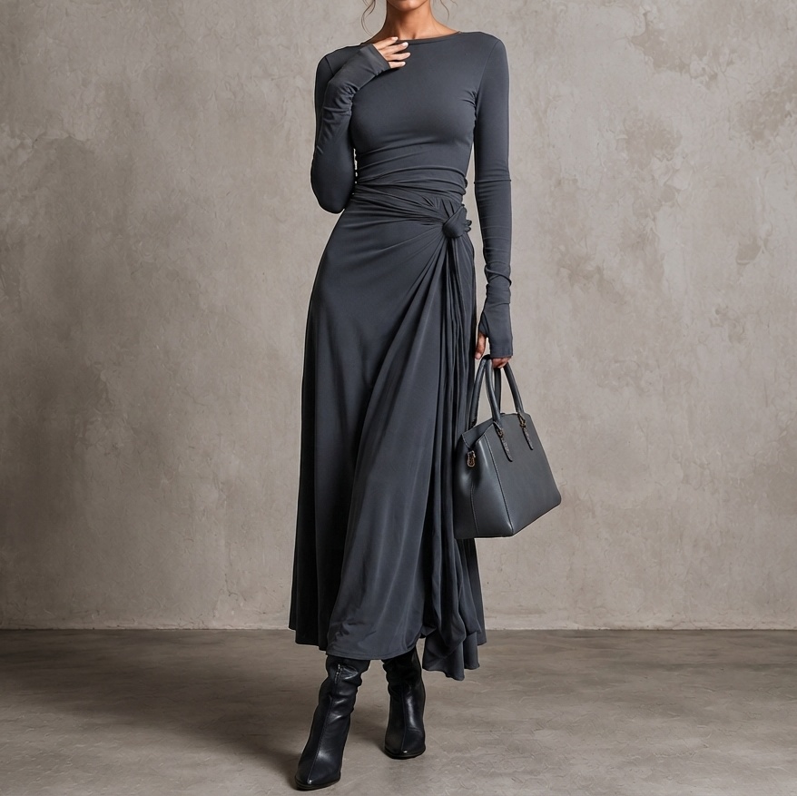 Elegant Solid Color Stretch Fabric Long Sleeve Maxi Dress