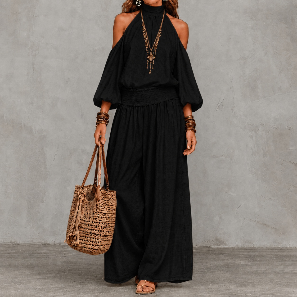 Elegance Long-sleeved Openwork Top And Gathered Trousers Two-piece Set