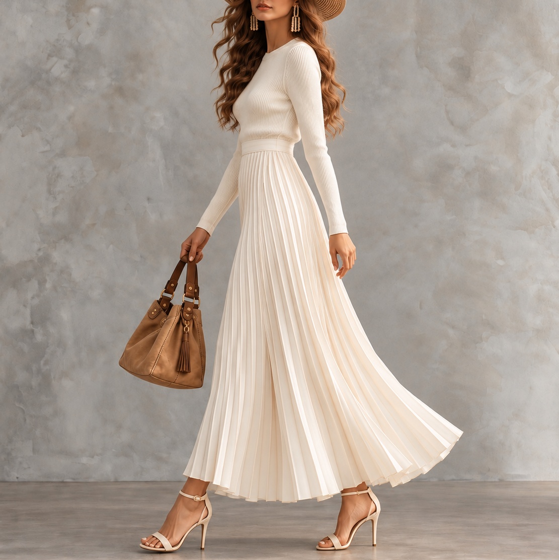 Long-sleeved Crew-neck Top And Pleated Skirt Two-piece Set