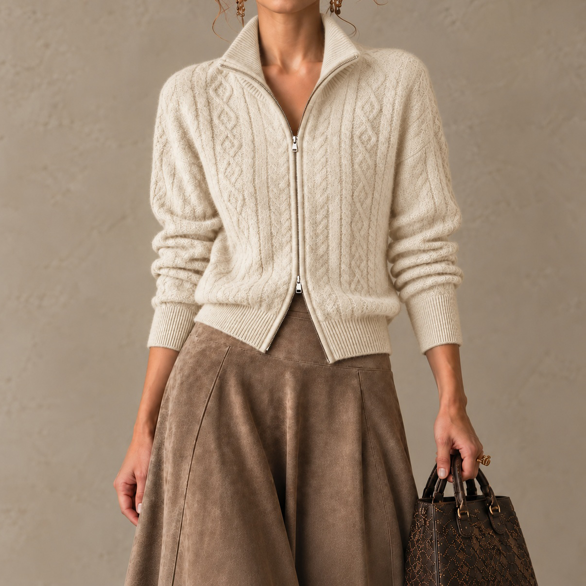 Elegance Long-sleeve Cashmere Knit Cardigan With Two-way Zipper