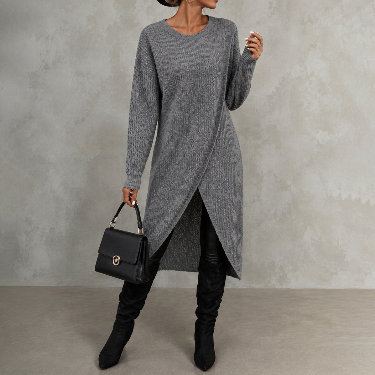Elegant Crew Neck Long Knit Sweater