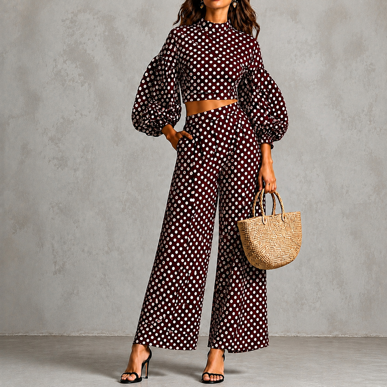 Polka Dot Lantern Sleeve Top And Wide-leg Pants Two-piece Set