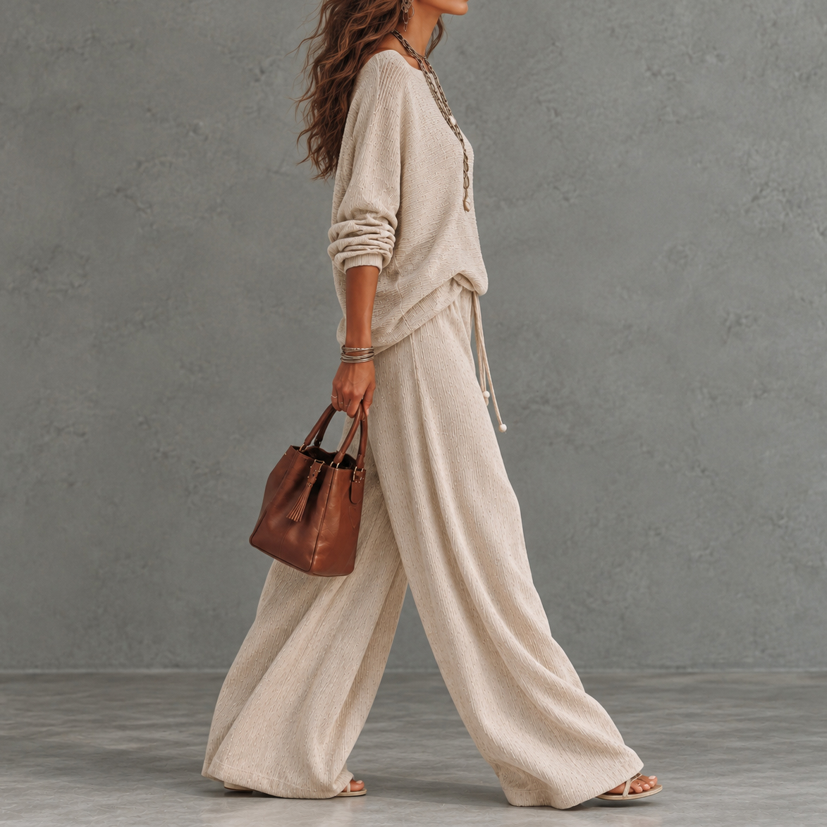 Elegance Boat-neck Dropped-shoulder Long-sleeve Top And Wide-leg Pants Set