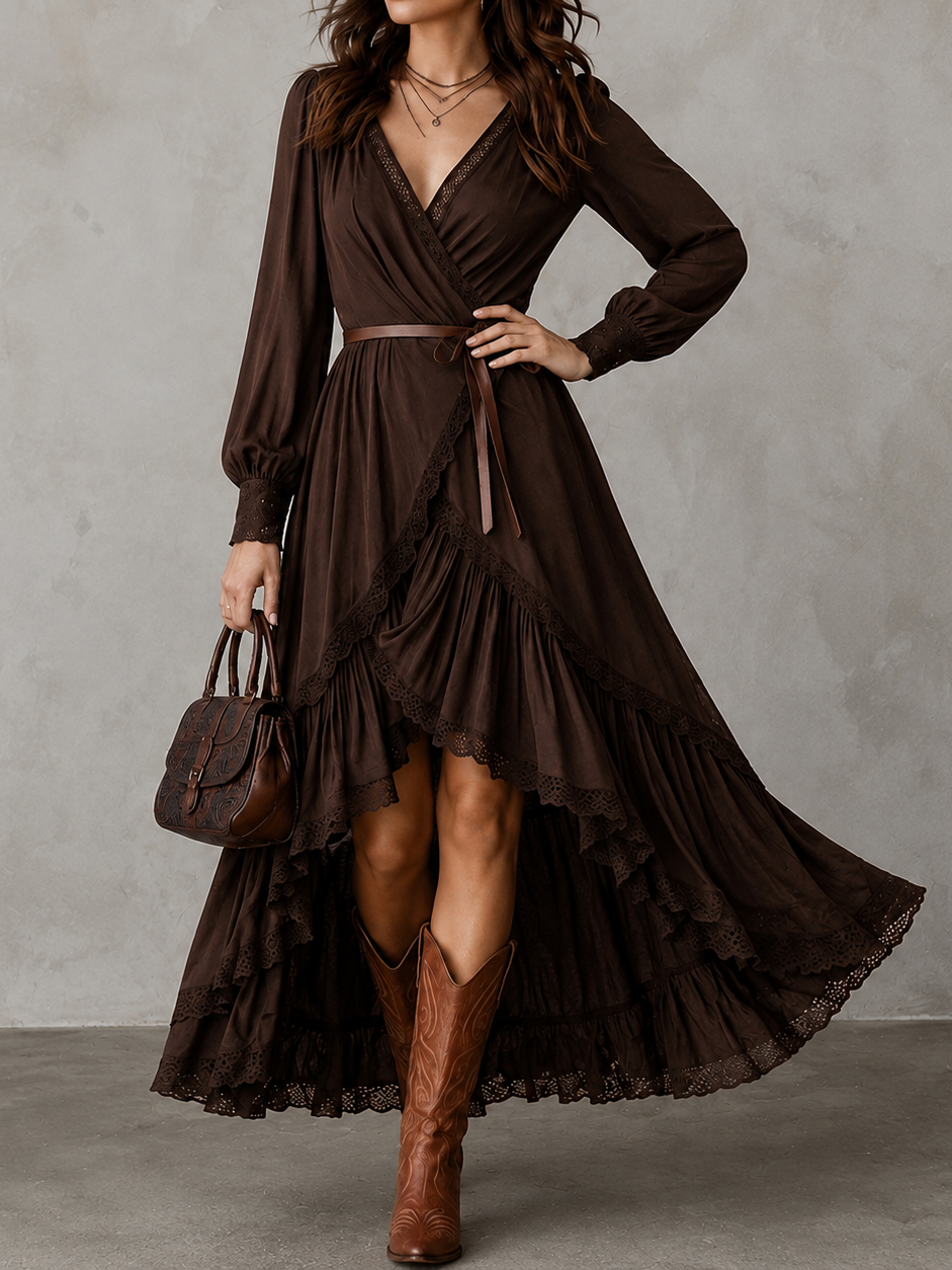 Retro V-neck Lace Trim Multi-layered Asymmetrical Hem Maxi Dress