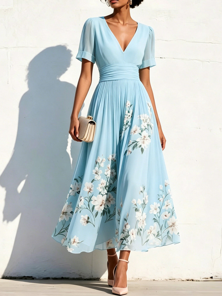 Elegant Floral Print V-neck Short Sleeves Pleated Dress