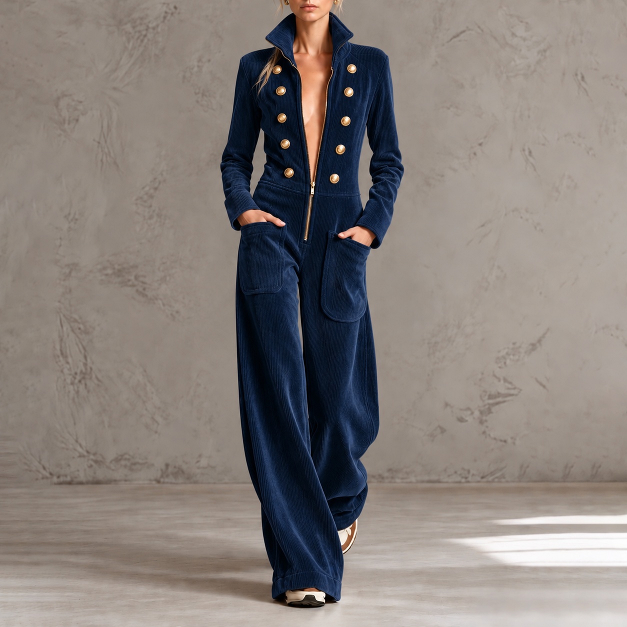 Stand Collar Front Zipper Corduroy Wide-leg Jumpsuit 