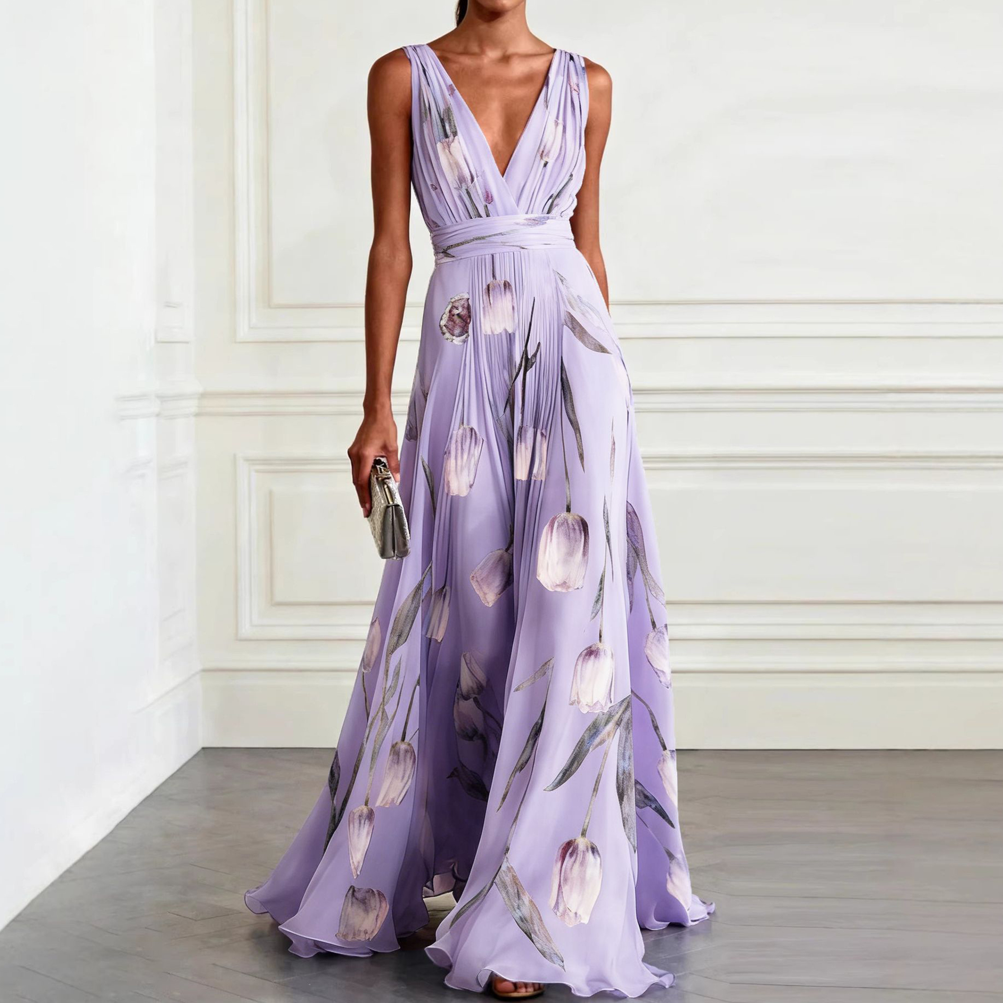 Tulip Print Sleeveless V-neck Maxi Dress