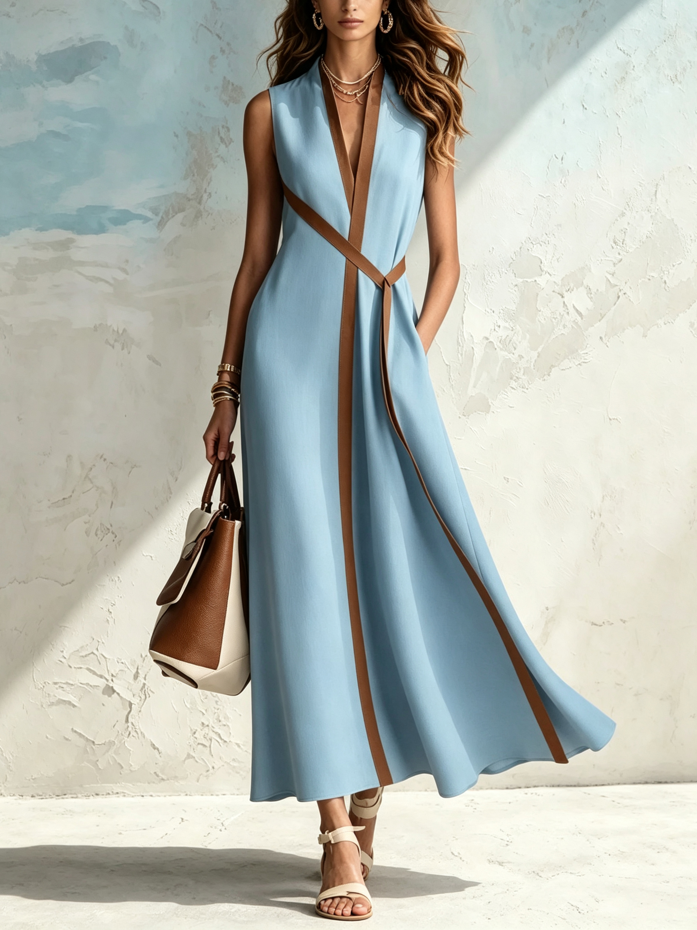 Vacation Color-blocked Trim Sleeveless V-neck Crossover Waist Cinched Slit Loose Cotton And Linen Long Shirt Dress Maxi Dress