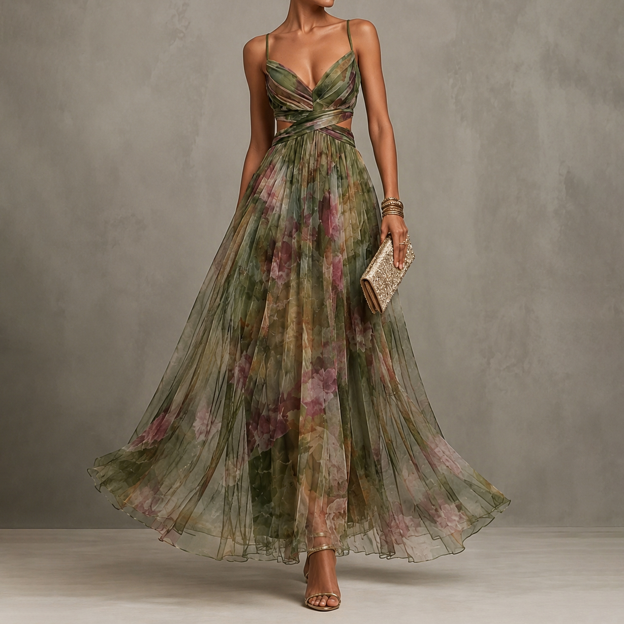 Retro Romantic Floral Wrap Mesh Maxi Dress