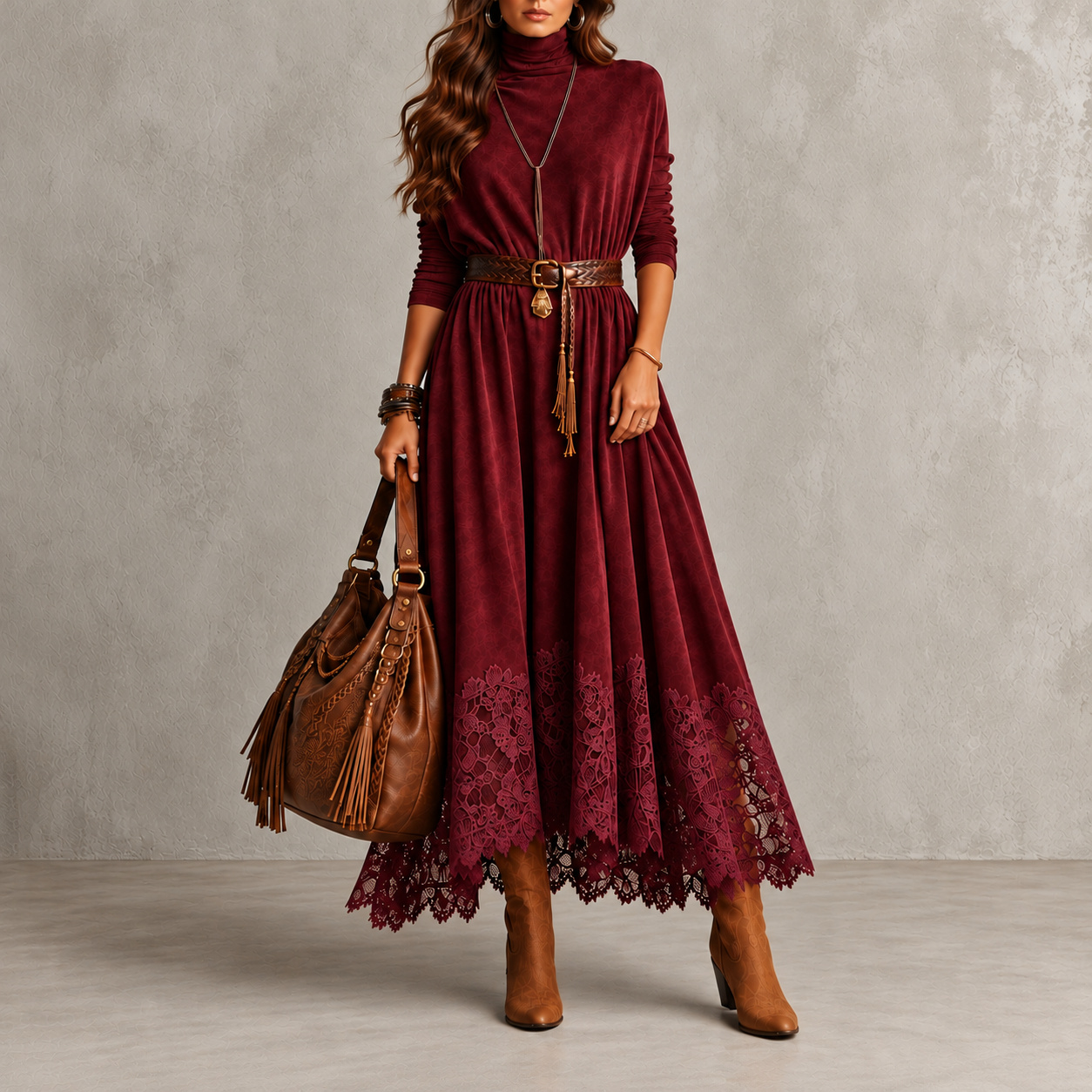 Elegant Suede And Lace Patchwork Maxi Dress