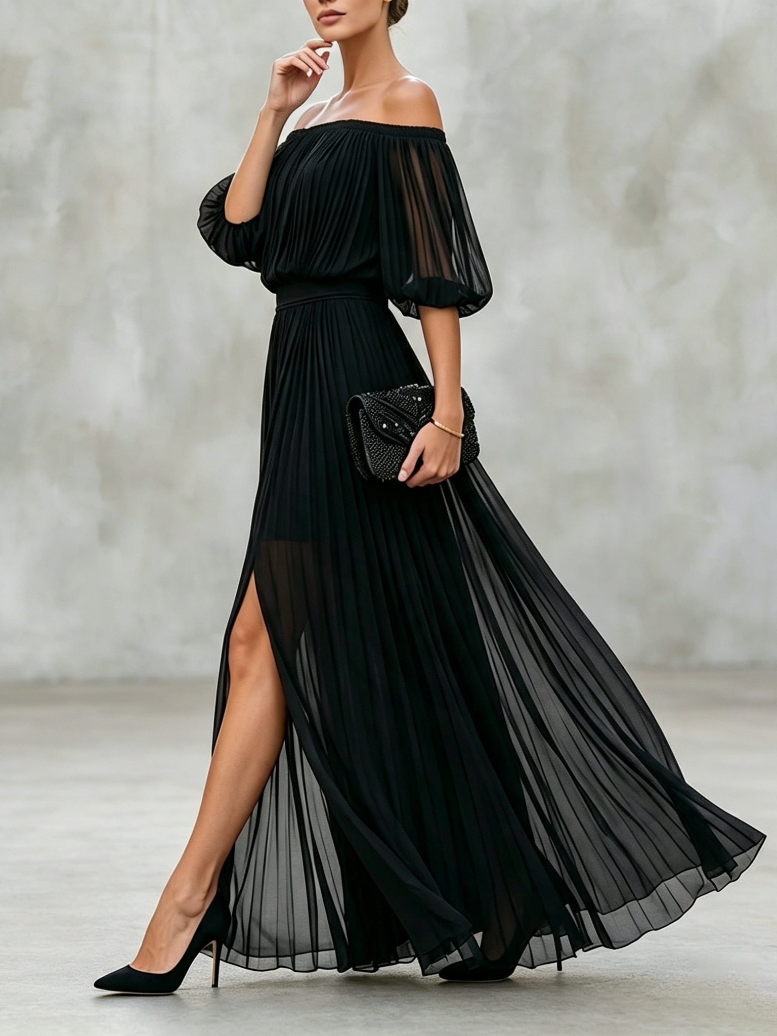 Off-shoulder Pleated Chiffon Maxi Dress