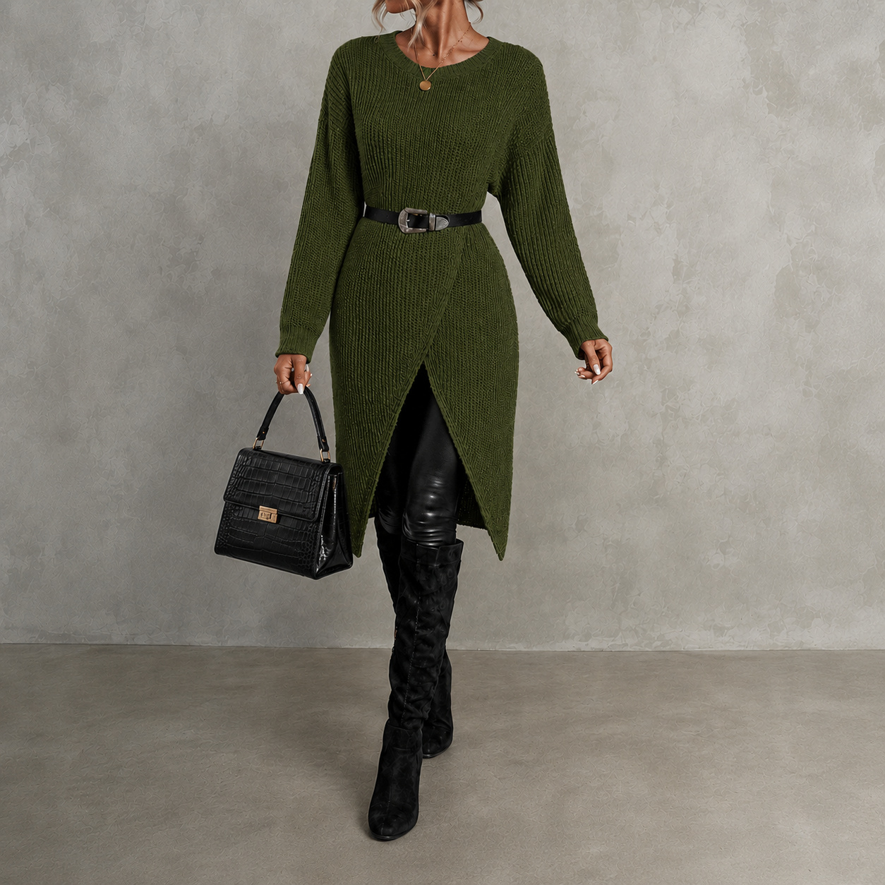 Elegant Crew Neck Long Knit Sweater
