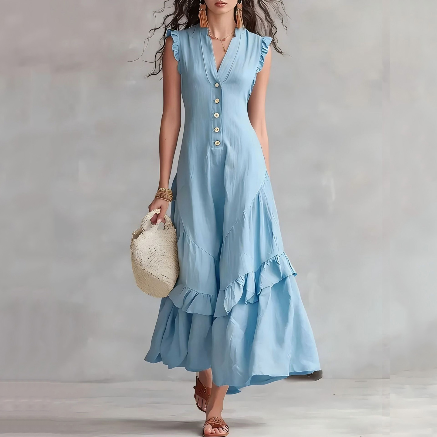 Elegant Minimalist Ruffled Sleeveless Linen Dress