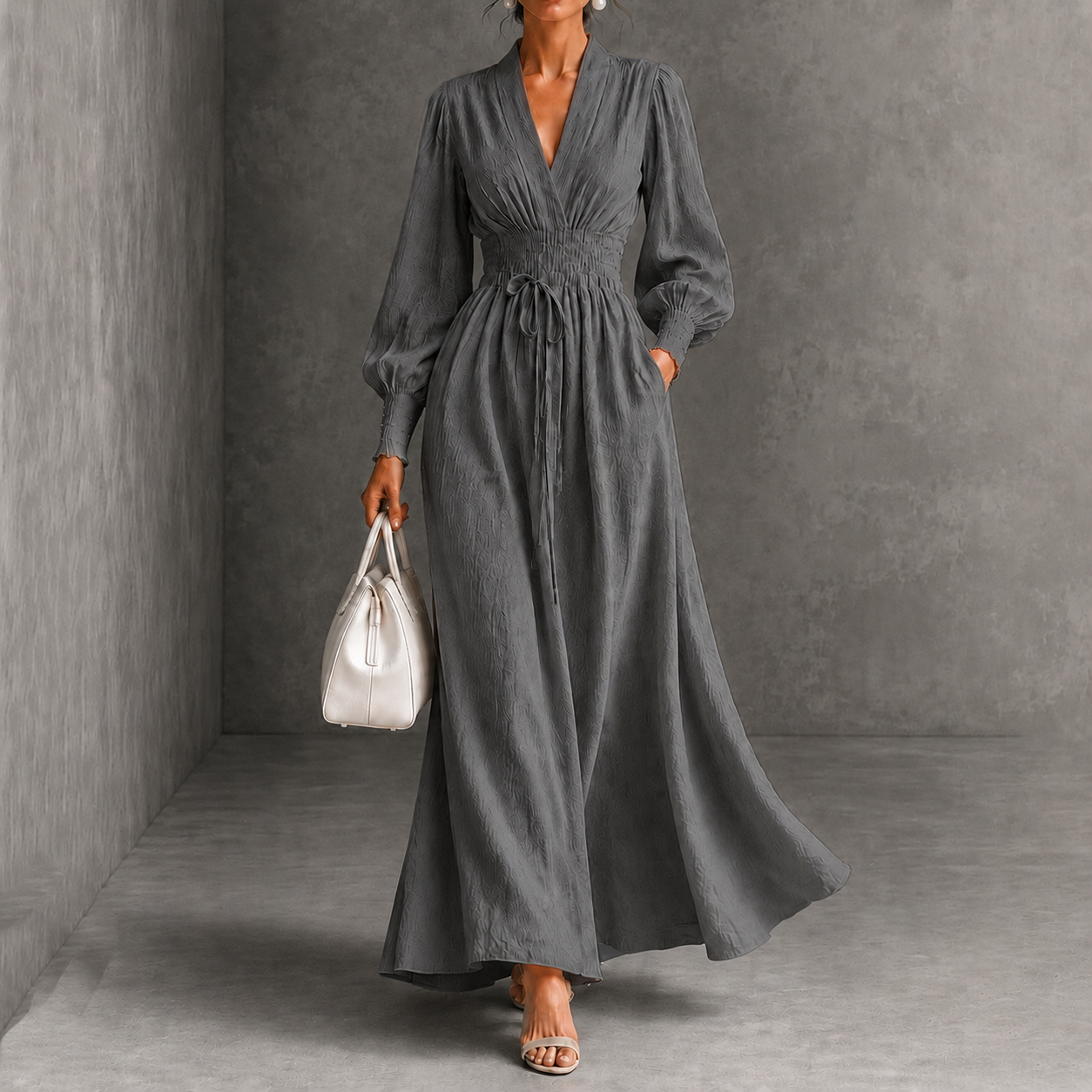 Elegance V-neck Belted Waist Long Sleevess Maxi Dress